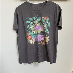 Mighty Fine Gray Graphic Tee with Sun and Flowers